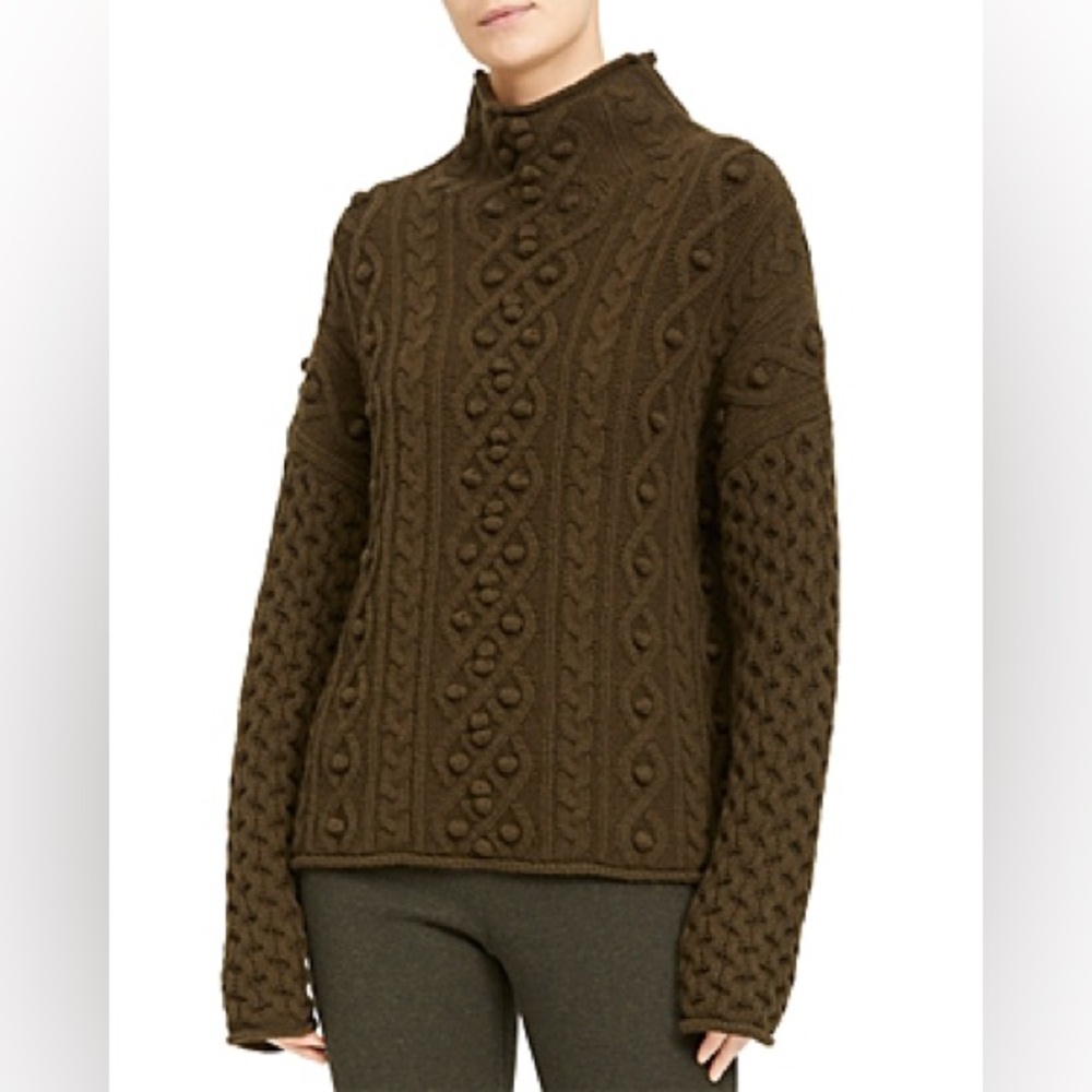 THEORY brown pom-pom & cable knit wool cashmere turtleneck sweater Small